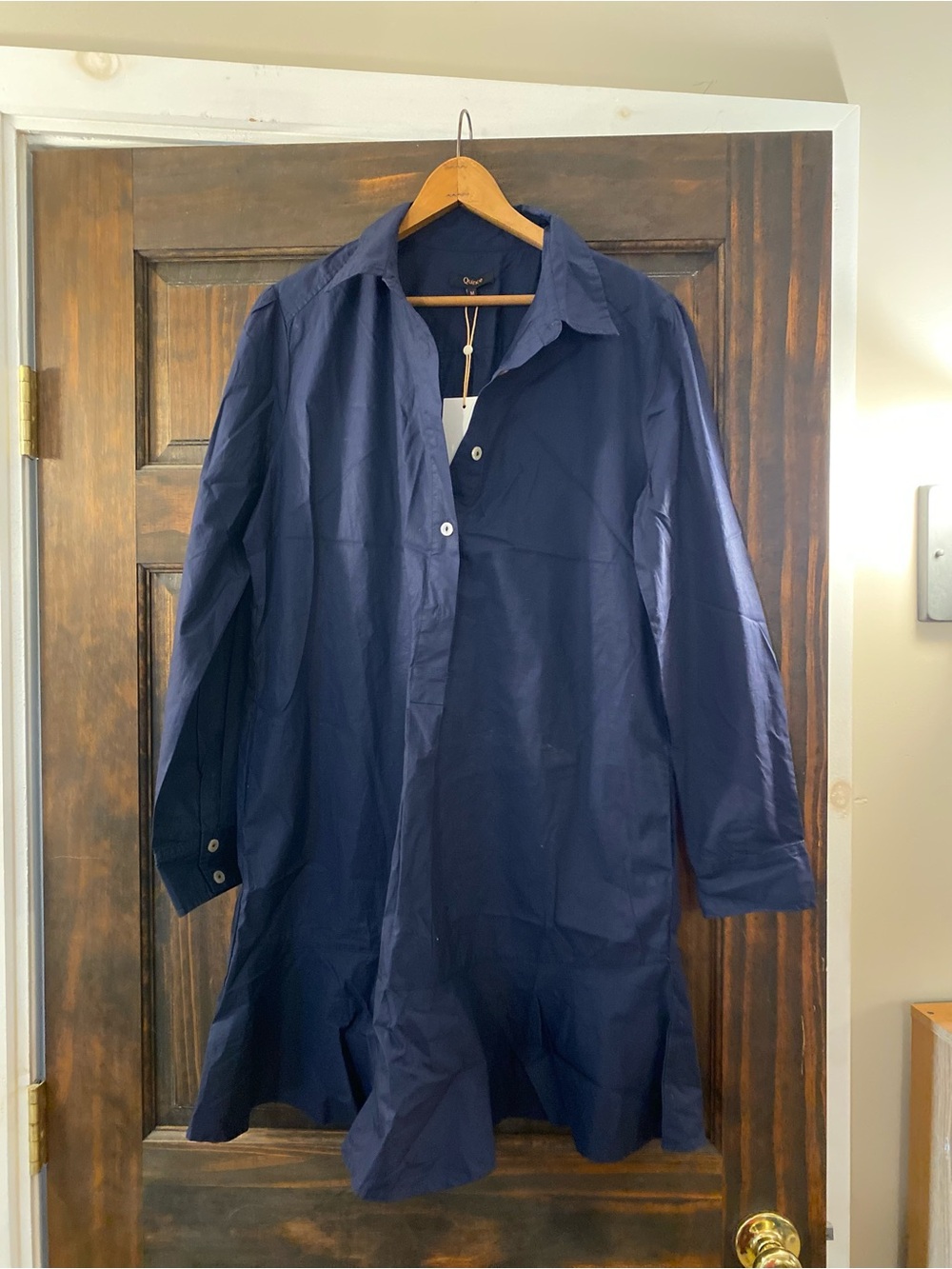 Women’s navy shirt dress with ruffled bottom